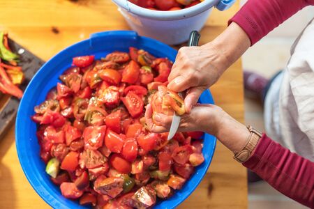 Woman cutting large amount of tomatoes for prepare tomato sauce. Preparation of tomatoes for cooking.の写真素材