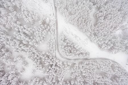 Aerial view on the road and forest at the winter time. Snowy forest, natural winter landscape.の写真素材