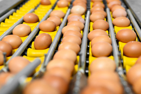 Chicken eggs move along a conveyor in a poultry farm. Food industry concept, chicken egg production.の写真素材