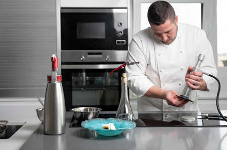 Fine dining restaurant chef preparing delicious plate with sophisticated utensils in commercial...