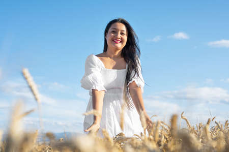 Young Woman in white dress standing on golden wheat field at sunny day, touching gently the wheat.の写真素材