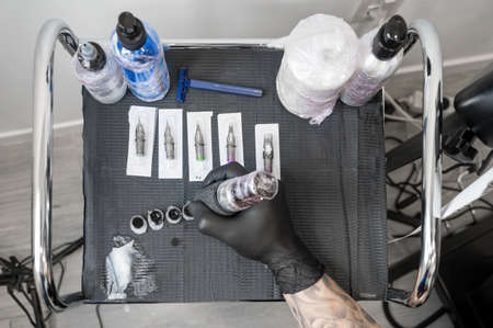 Close up of tattoo artist tools and workplaceの写真素材