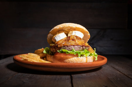 Premium quality Beef burger with goat cheese, caramelized onions in a rustic bun with french fries on the side. Yummy Burger served on a rustic plate on wooden tableの写真素材