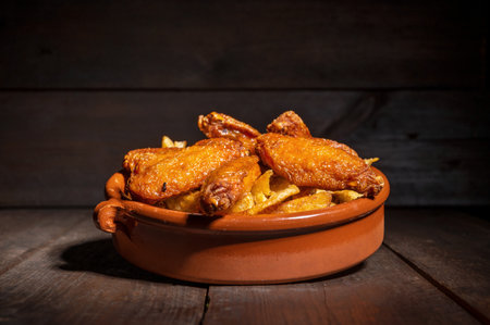 Grilled chicken wings on a rustic plate on wooden table.の写真素材