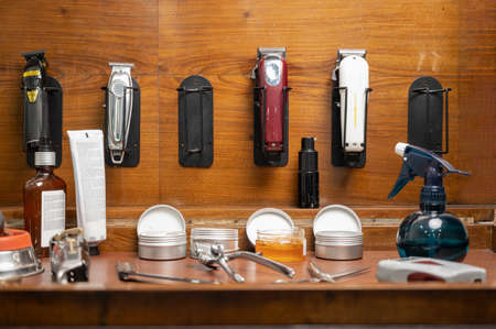 barber tools on the shelf in the barbershop.の写真素材
