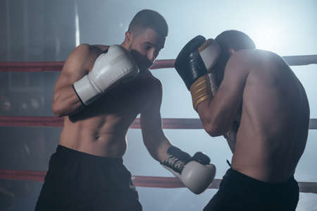 Two professional young muscular shirtless male boxers fighting in a boxing ring.の写真素材