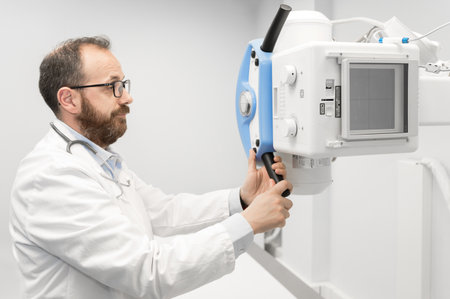 Doctor operating X-ray machine in radiology department