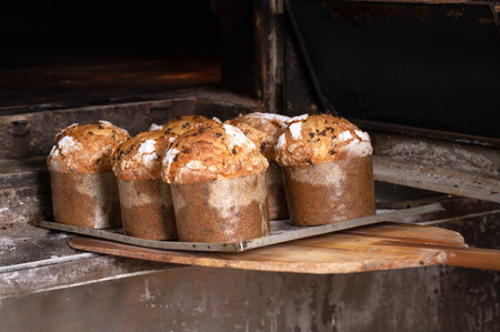 Baker taking out baked panettone from ovenの写真素材
