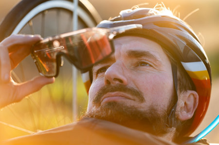 Close up of an athlete with disability preparing hand bike for training.の写真素材