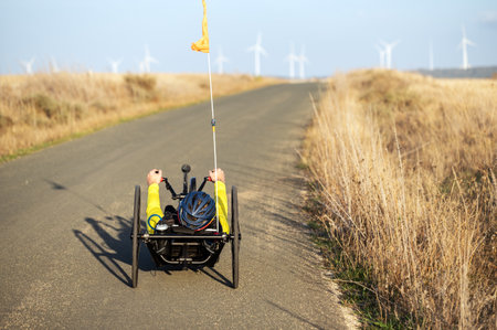 Athlete with disability training with His Handbike on a Track.の写真素材
