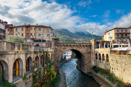 Urban scene of the Cantabrian town of Potes, in the Picos de Europa National Parkの写真素材