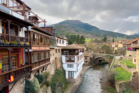 Urban scene of the Cantabrian town of Potes, in the Picos de Europa National Parkの写真素材