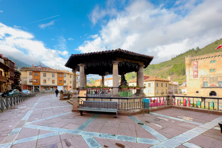 Urban scene of the Cantabrian town of Potes, in the Picos de Europa National Parkの写真素材