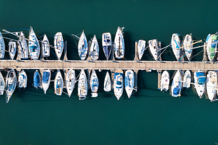 Aerial view directly above of Yatchs moored at the quay.の写真素材