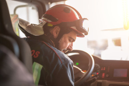 Firefighters on their way to an emergency sceneの写真素材