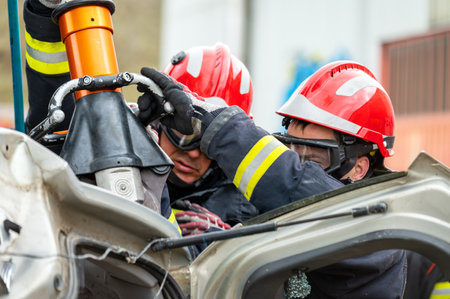 Firefighters using hydraulic tools during a rescue operation training. Rescuers unlock the passenger in car after accident.の写真素材
