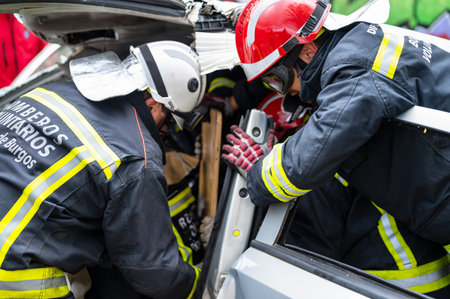 Car Crash Traffic Accident. Firefighters Rescue Injured Trapped Victims.の写真素材