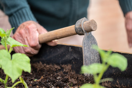 close up of old man hands holding hoe while working in the vegetables garden.の写真素材