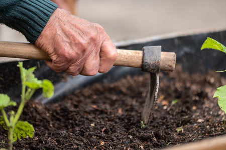 close up of old man hands holding hoe while working in the vegetables garden.の写真素材