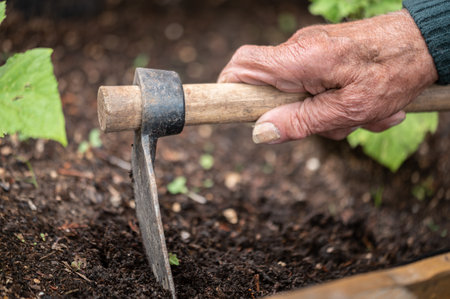 close up of old man hands holding hoe while working in the vegetables garden.の写真素材