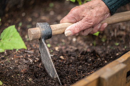 close up of old man hands holding hoe while working in the vegetables garden.の写真素材