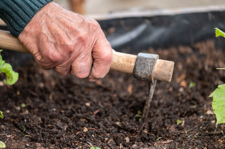 close up of old man hands holding hoe while working in the vegetables garden.の写真素材