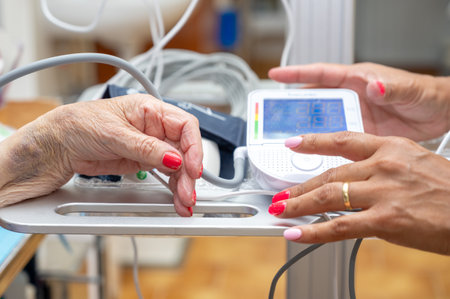 Female nurse checking blood pressure of a senior womanの写真素材