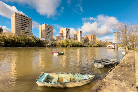 Scenic view of Pisuerga riverbank in Valladolid, Castile and Leon, Spain.の写真素材