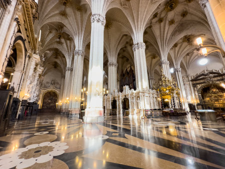 Saragossa, Spain - March 30, 2023: Interior of the cathedral of El Salvador, La Seo, in Saragossa, Spain .のeditorial素材