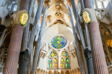 Barcelona, Spain - April 7, 2023: Interior of La Sagrada Familia cathedral, designed by Gaudi, it is being built since 1882.のeditorial素材