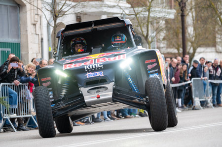 Burgos, Spain - March 16 - 2024 : Driver Cristina Gutierrez during a street exhibition after become champion of 2024 Dakar Rally in T3 category.のeditorial素材