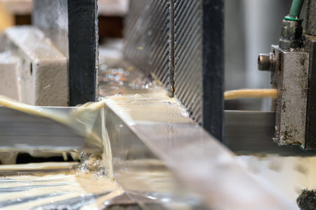 Automatic band saw machine cutting the metal rod with water base coolant method.