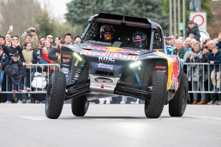Burgos, Spain - March 16 - 2024 : Driver Cristina Gutierrez during a street exhibition after become champion of 2024 Dakar Rally in T3 category.のeditorial素材