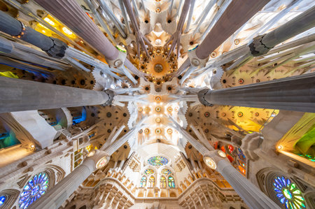 Barcelona, Spain - April 7, 2023: Interior of La Sagrada Familia cathedral, designed by Gaudi, it is being built since 1882.のeditorial素材
