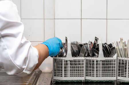 Unrecognizable woman, preparing dirty cutlery for washing at the dishwasher in commercial kitchenの写真素材