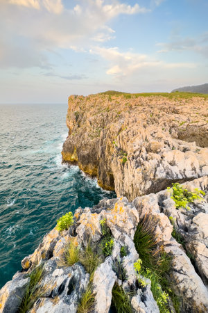 Aerial view of the scenic Cantabrian coastline, Cantabria, Spain.の写真素材