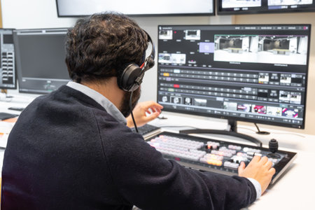A television director in a broadcast control room, actively guiding a live production. Surrounded by multiple screens, the director wears a headset and gestures towards a video switcherの写真素材