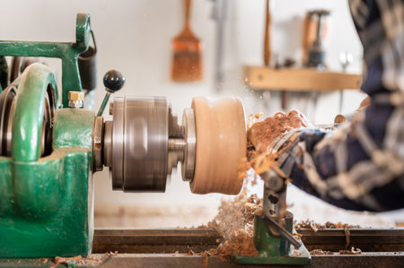 Carpentry. Turnery of a wooden bowl with spiral sawdust shavings with hand and chiselの写真素材