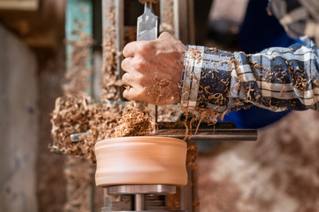 Carpentry. Turnery of a wooden bowl with spiral sawdust shavings with hand and chiselの写真素材