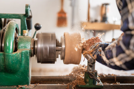 Carpentry. Turnery of a wooden bowl with spiral sawdust shavings with hand and chisel