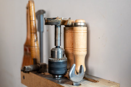 A set of carpentry tools in a workshop, ready for a DIY project.の写真素材