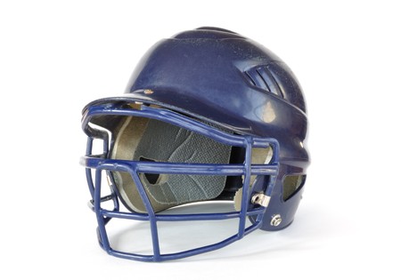 A blue baseball helmet isolated on white.の写真素材