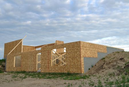 New house construction, framed walls of walk out basement, copy spaceの写真素材