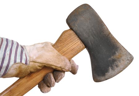 Worker Holding an Ax Saw Isolated On Whiteの写真素材