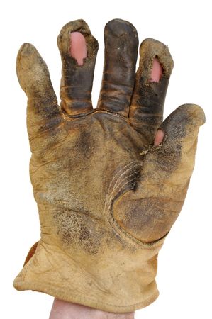 Dirty Leather Work Glove with Holes Isolated On Whiteの写真素材