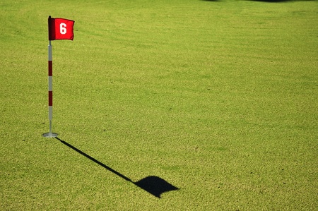 Flag and Flagstick with Shadow on a Golf Course Practive Greenの写真素材