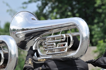 OSSEO, MN - JUNE 26 : Waconia High School Marching Band Performing in the Osseo Marching Band Festival on June 26, 2010 in Osseo, MNのeditorial素材
