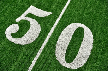 View From Above of 50 Yard Line on American Football Field With Artificial Turf