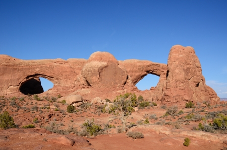 North and South Window Arch in Arches National Park Near Moab, Utahの写真素材