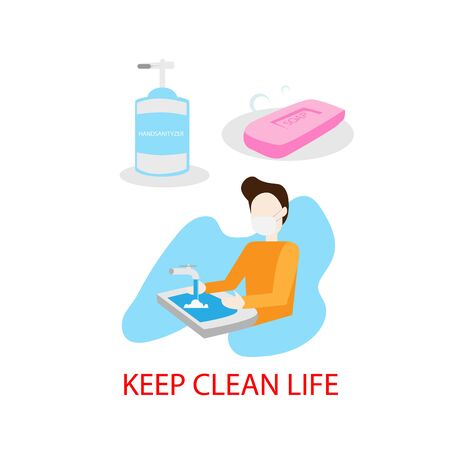 Washing Hand and Keep Clean Life For Fight CoronaVirus Flat Illustration Backgroundのイラスト素材